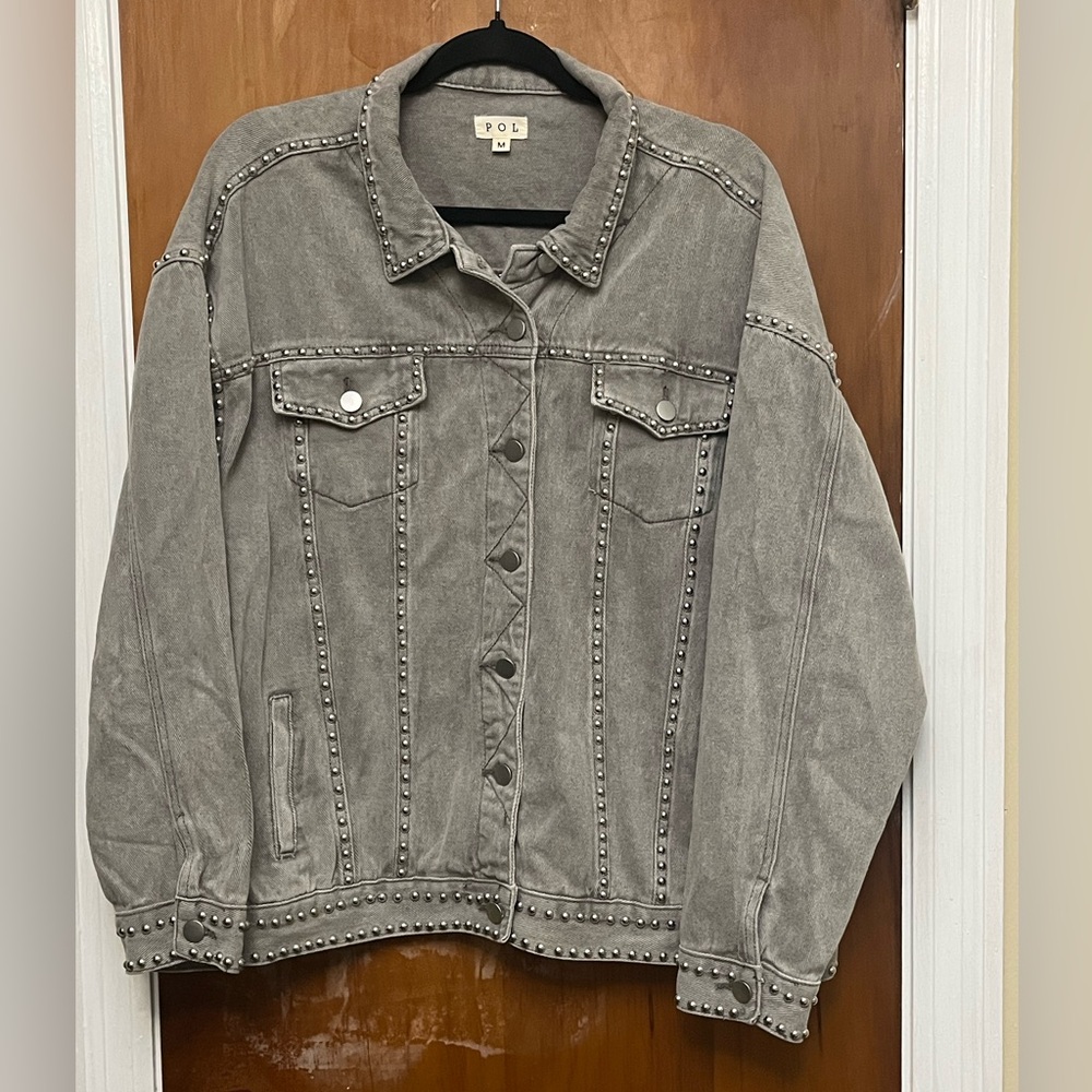 POL Gray Studded Jean Jacket Winter Style front pockets  M 24-25 Pit to pit